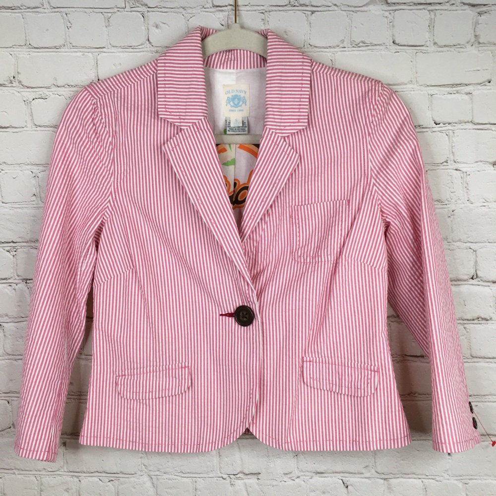 Pink striped seersucker cropped blazer